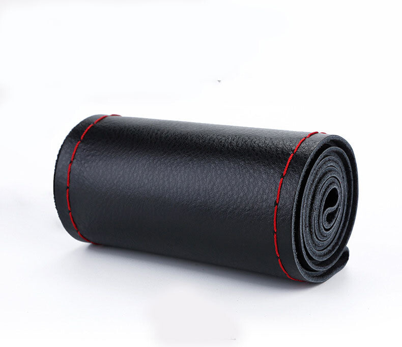 Real Cow Leather DIY Steering Wheel Cover for 37-38cm Wheels – Black With Red Stitches