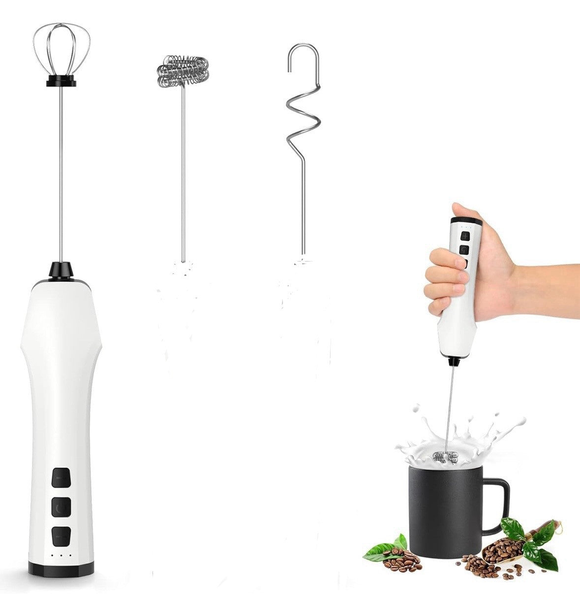 Rechargeable Electric Whisk and Milk Frother, 3 Heads