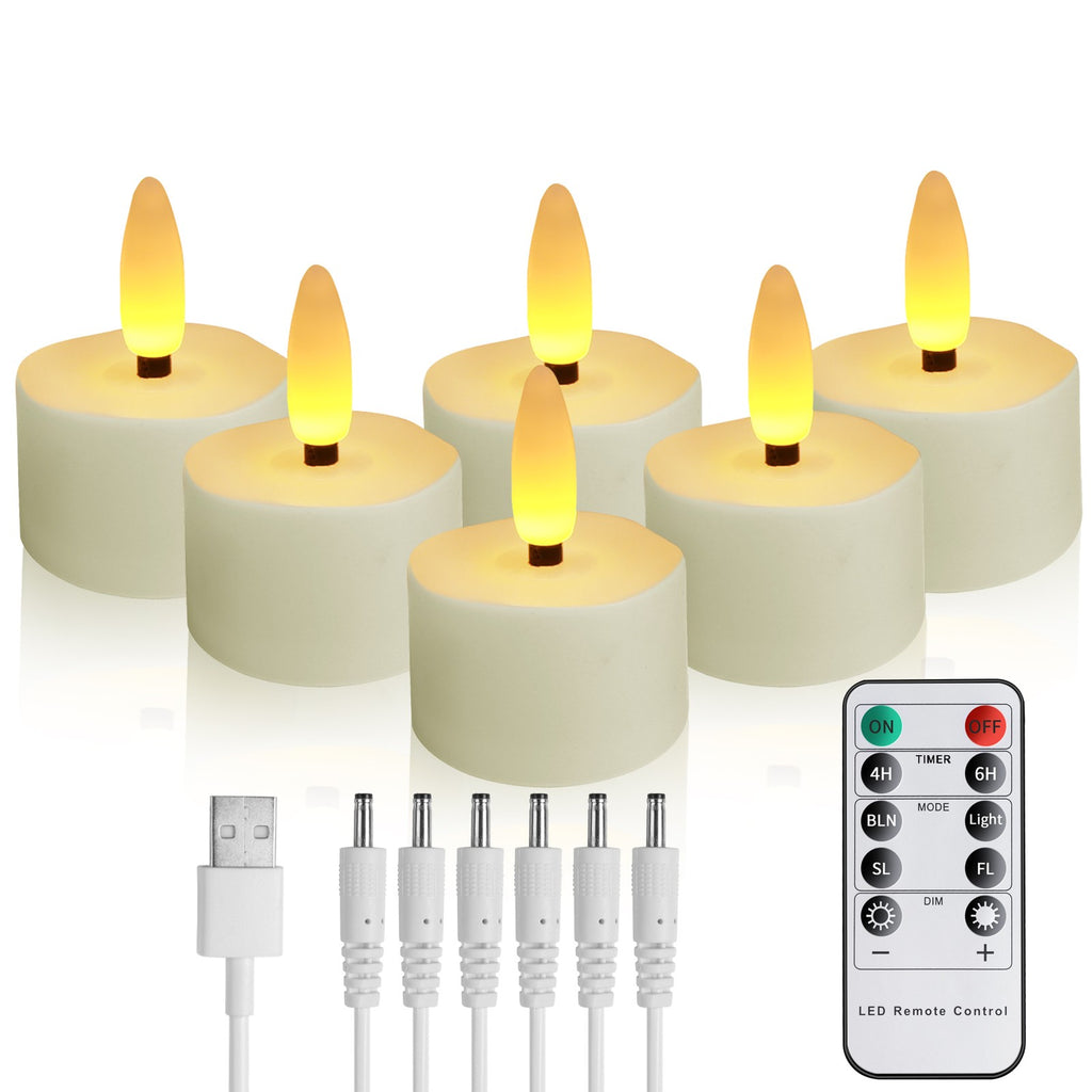 Rechargeable Flickering LED Tea Lights with Timer Remote, 6 Pack