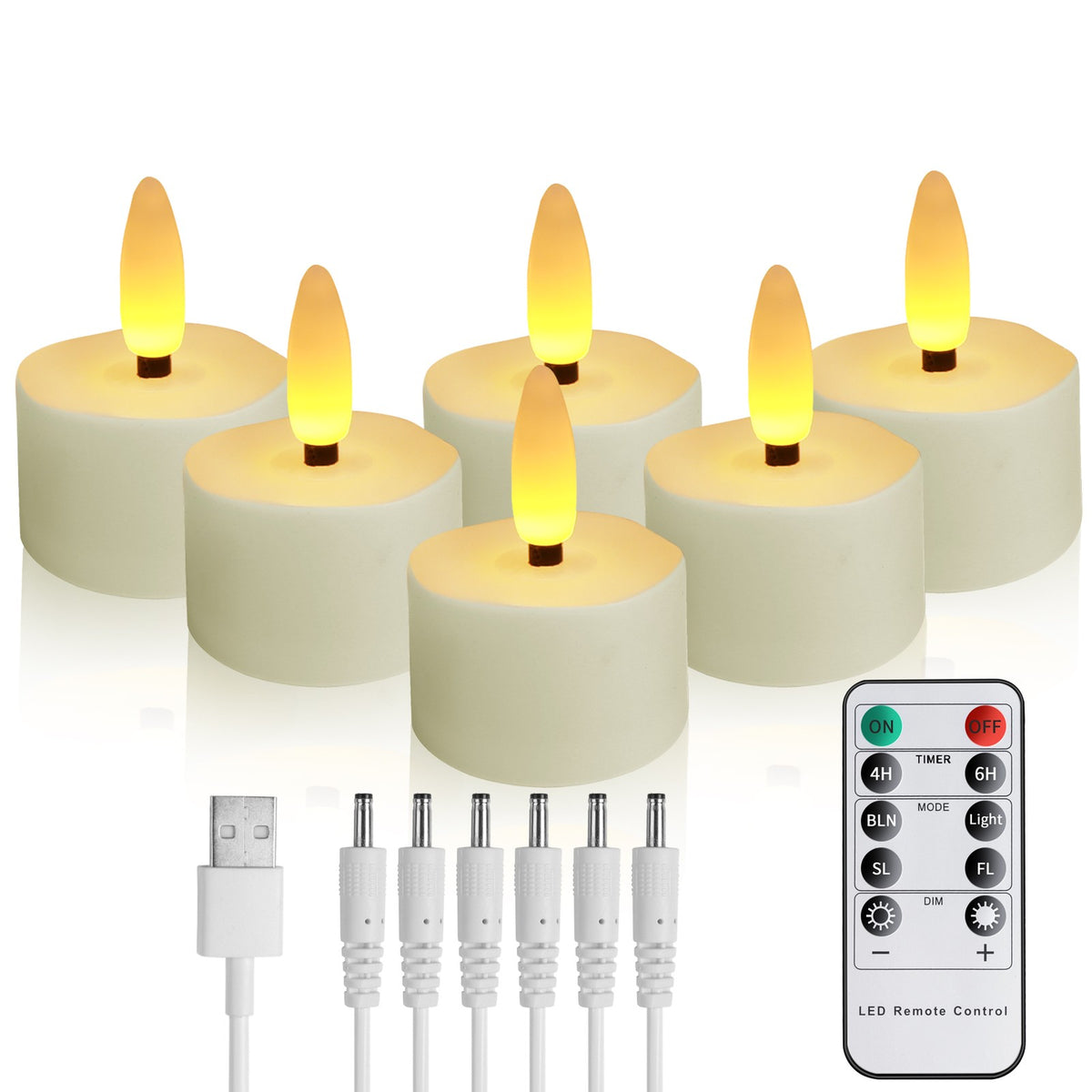 Rechargeable Flickering LED Tea Lights with Timer Remote, 6 Pack