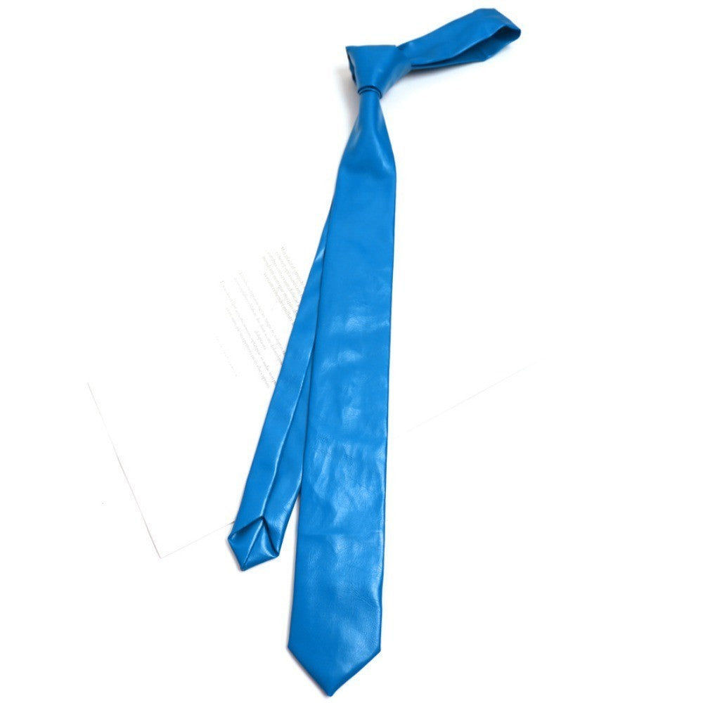 Retro PU Leather Narrow Necktie for Unisex – Blue