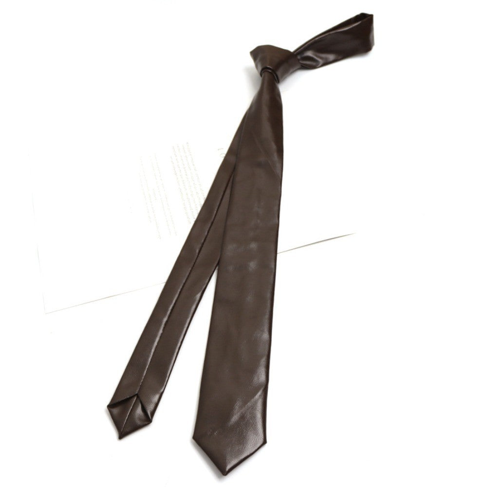 Retro PU Leather Narrow Necktie for Unisex – Dark Coffee