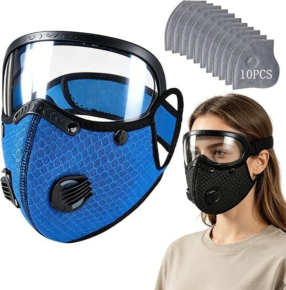 Reusable Dust Mask with Adjustable Goggles and 10-Layer Filter – Blue+10*Filter Cartridges