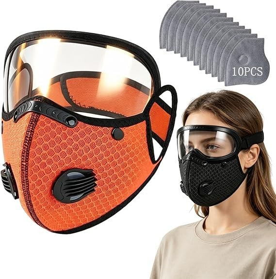 Reusable Dust Mask with Adjustable Goggles and 10-Layer Filter – Orange+10*Filter Cartridges