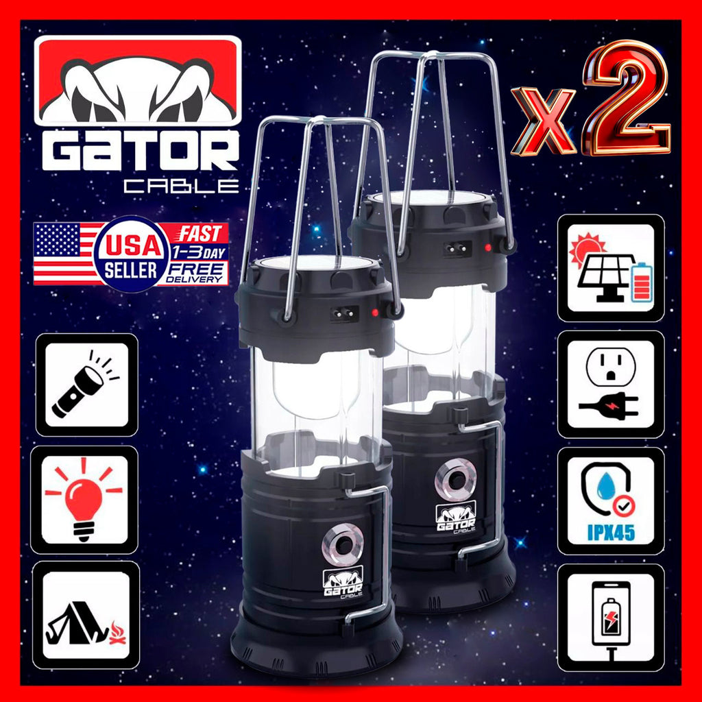 Solar Rechargeable LED Camping Lantern Flashlight, 2 Pack
