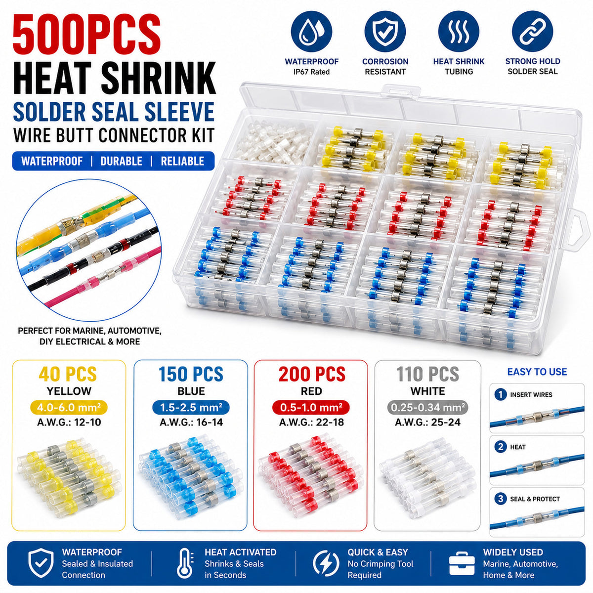 Solder Seal Wire Connector Kit, 500 Pieces