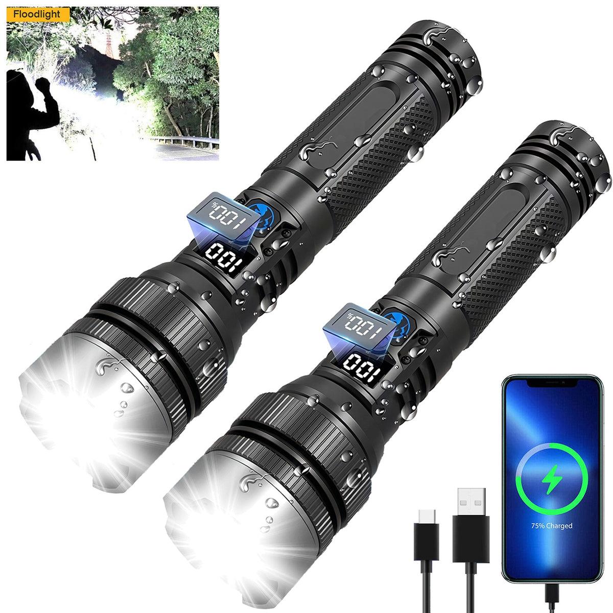Super Bright Rechargeable LED Tactical Flashlight, 2 Pack