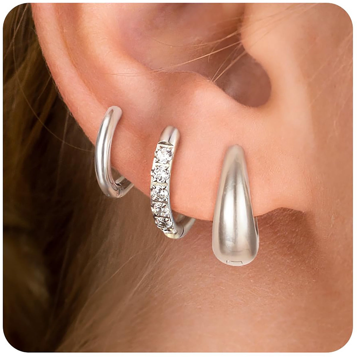 Surgical Steel Huggie Hoop Earrings Set for Multiple Piercings – Silver Set, 3 Pairs