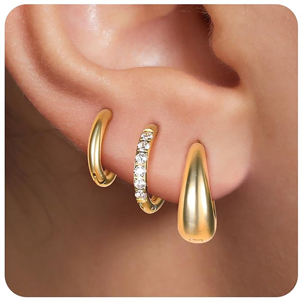 Surgical Steel Huggie Hoop Earrings Set for Multiple Piercings – Gold Set, 3 Pairs