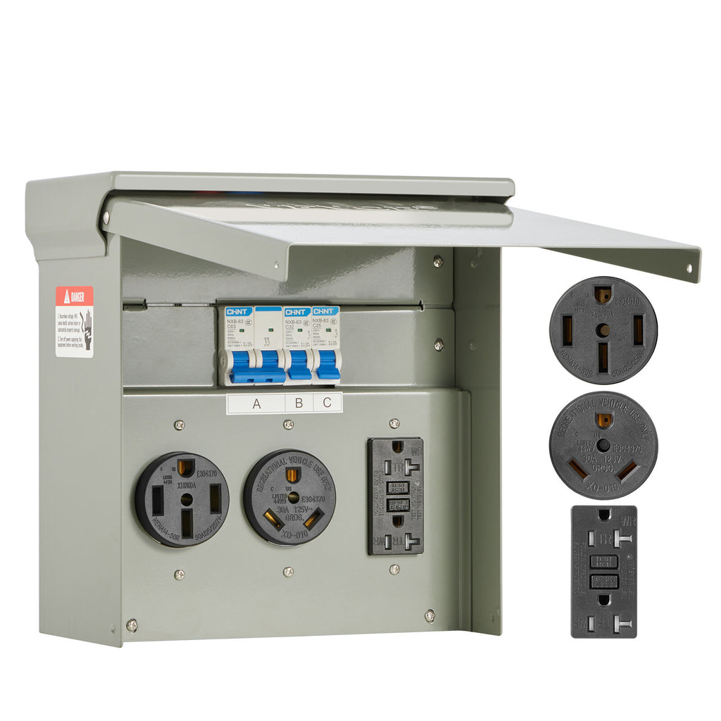 Temporary RV Power Outlet Panel Box, 20 30 50 Amp