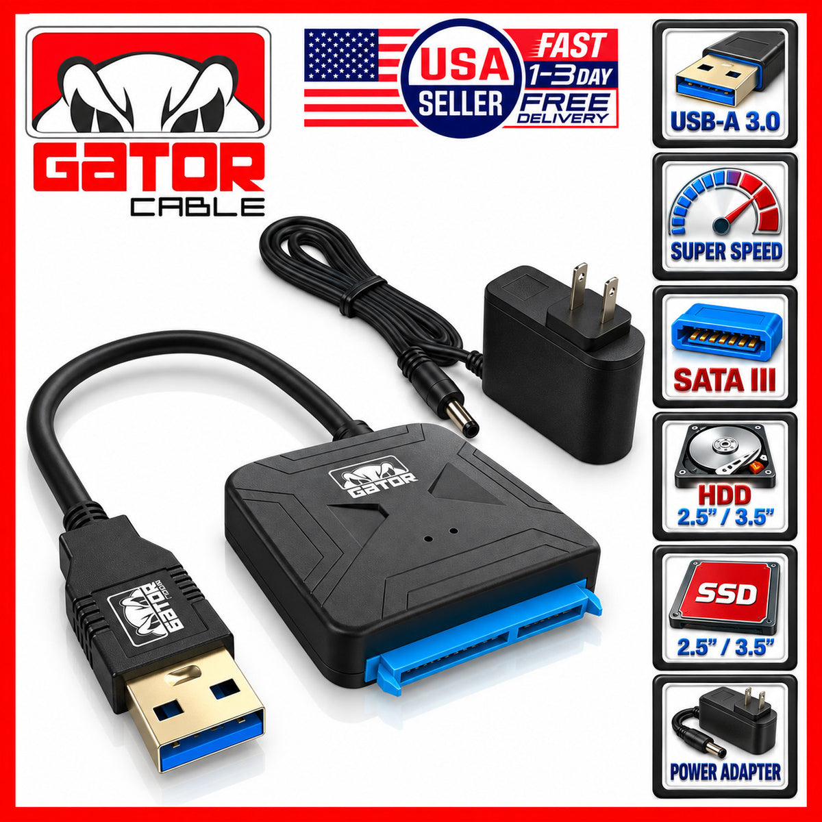 USB 3.0 to SATA Hard Drive Adapter for 2.5 and 3.5 HDD SSD with Power