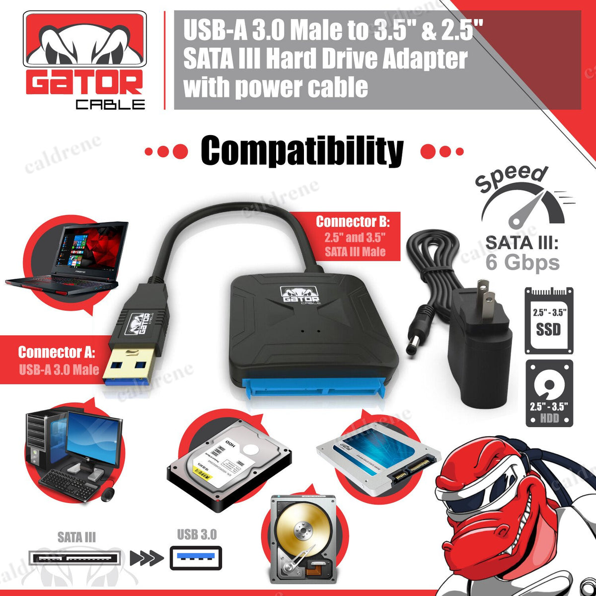 USB 3.0 to SATA Hard Drive Adapter for 2.5 and 3.5 HDD SSD with Power – view 2