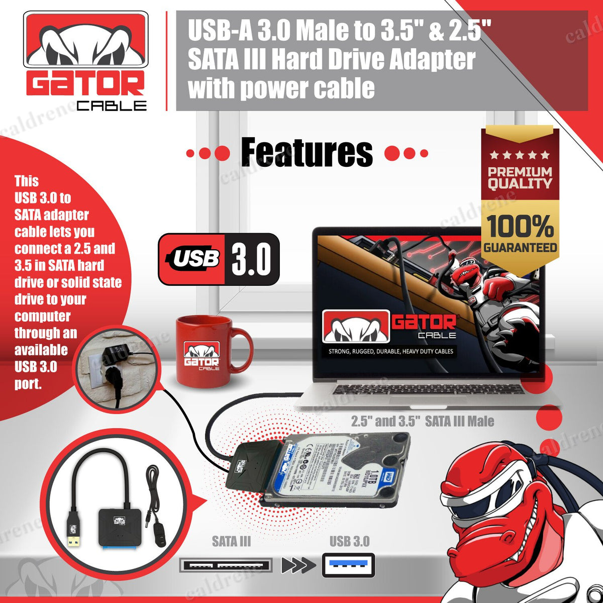 USB 3.0 to SATA Hard Drive Adapter for 2.5 and 3.5 HDD SSD with Power – view 3