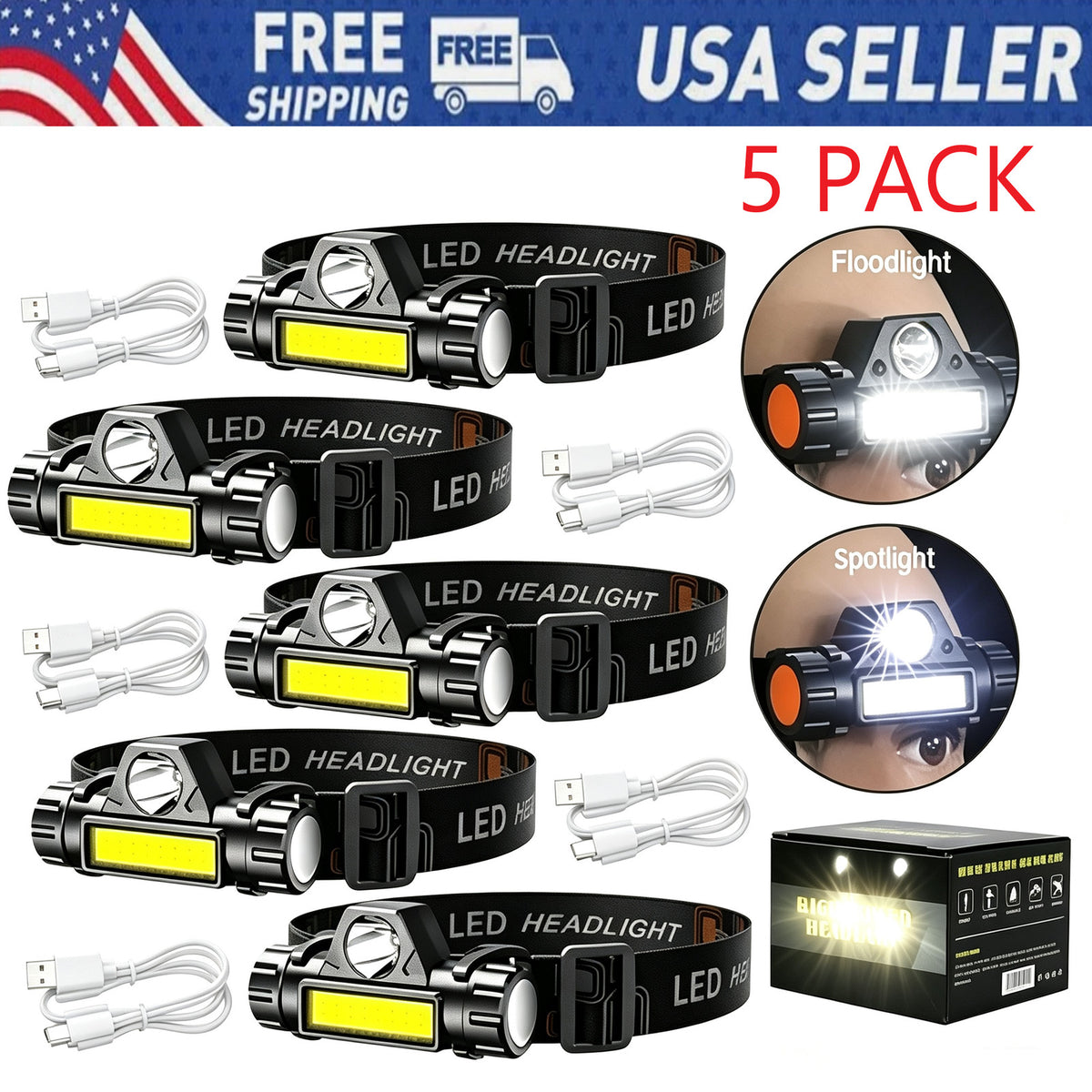 USB Rechargeable Waterproof LED Headlamp, 5 Pack