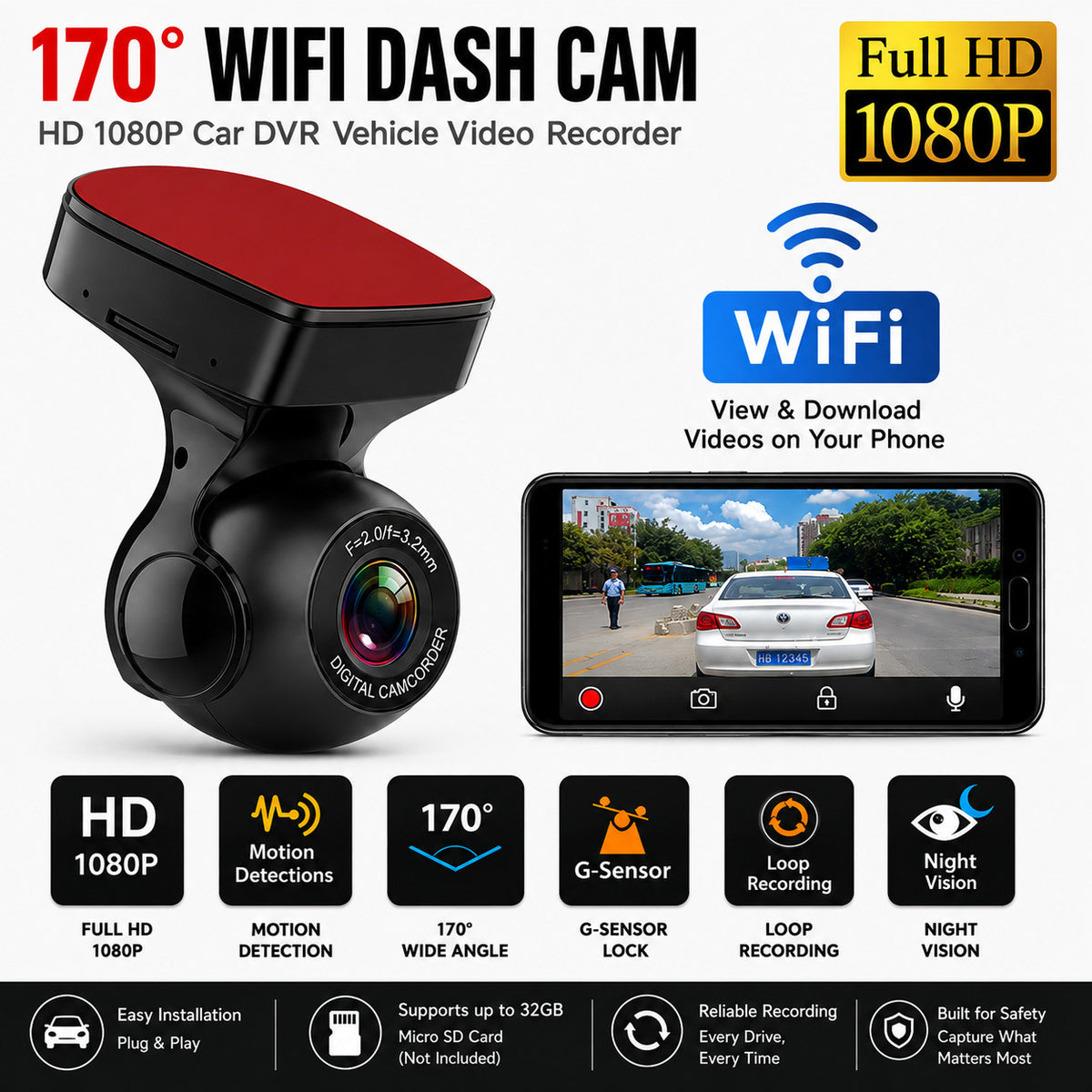 WiFi 1080P Dash Cam with G-Sensor