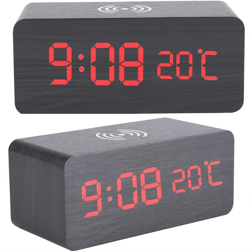 Wooden LED Alarm Clock with Wireless Charger