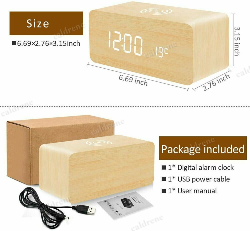 Wooden LED Alarm Clock with Wireless Charger – view 10