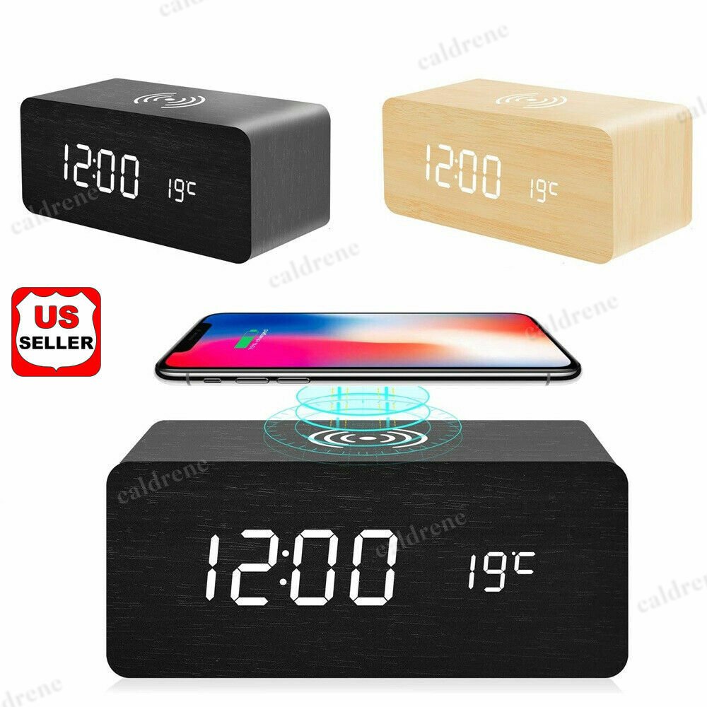 Wooden LED Alarm Clock with Wireless Charger – view 2