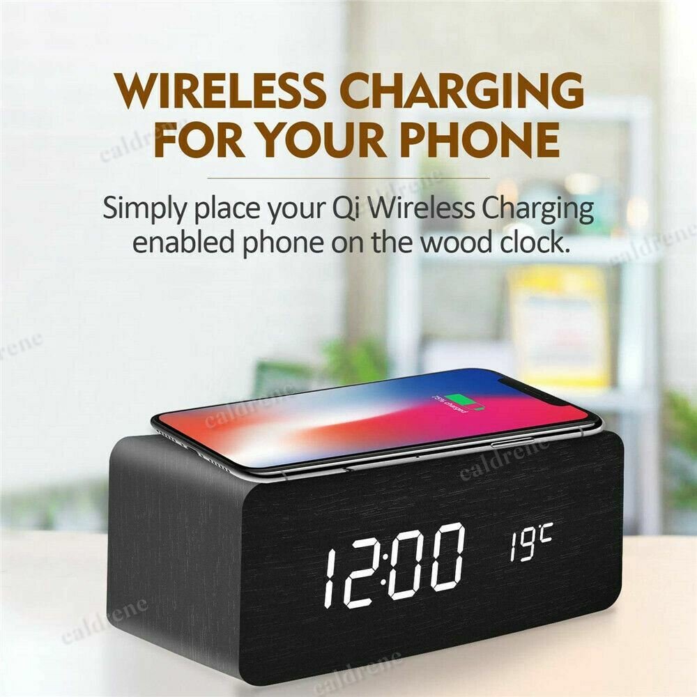 Wooden LED Alarm Clock with Wireless Charger – view 3