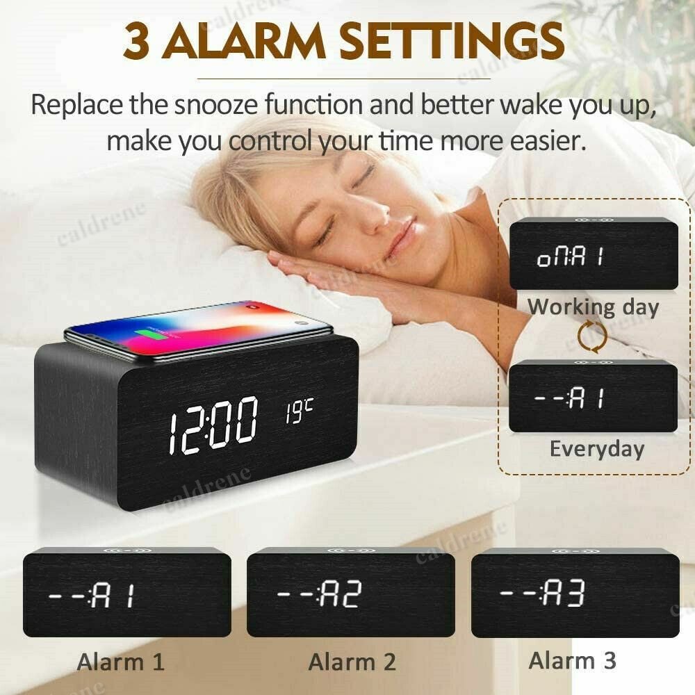 Wooden LED Alarm Clock with Wireless Charger – view 4