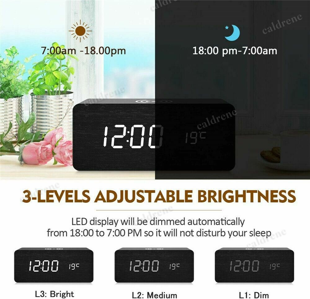 Wooden LED Alarm Clock with Wireless Charger – view 6