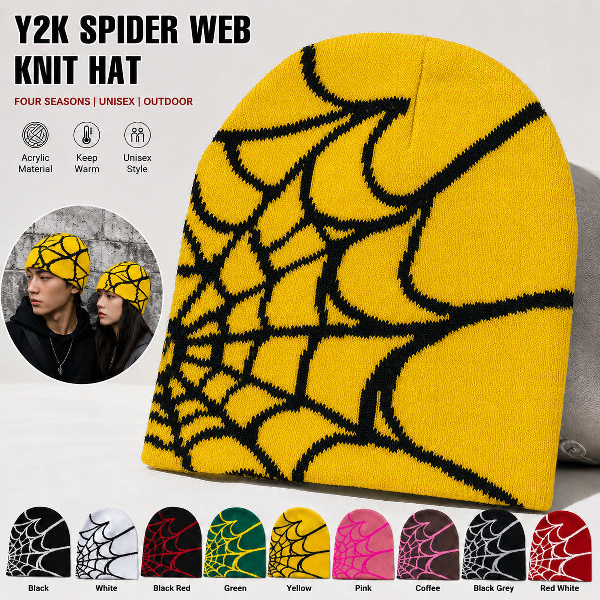 Y2K Spider Web Knit Beanie Hat for Winter Streetwear