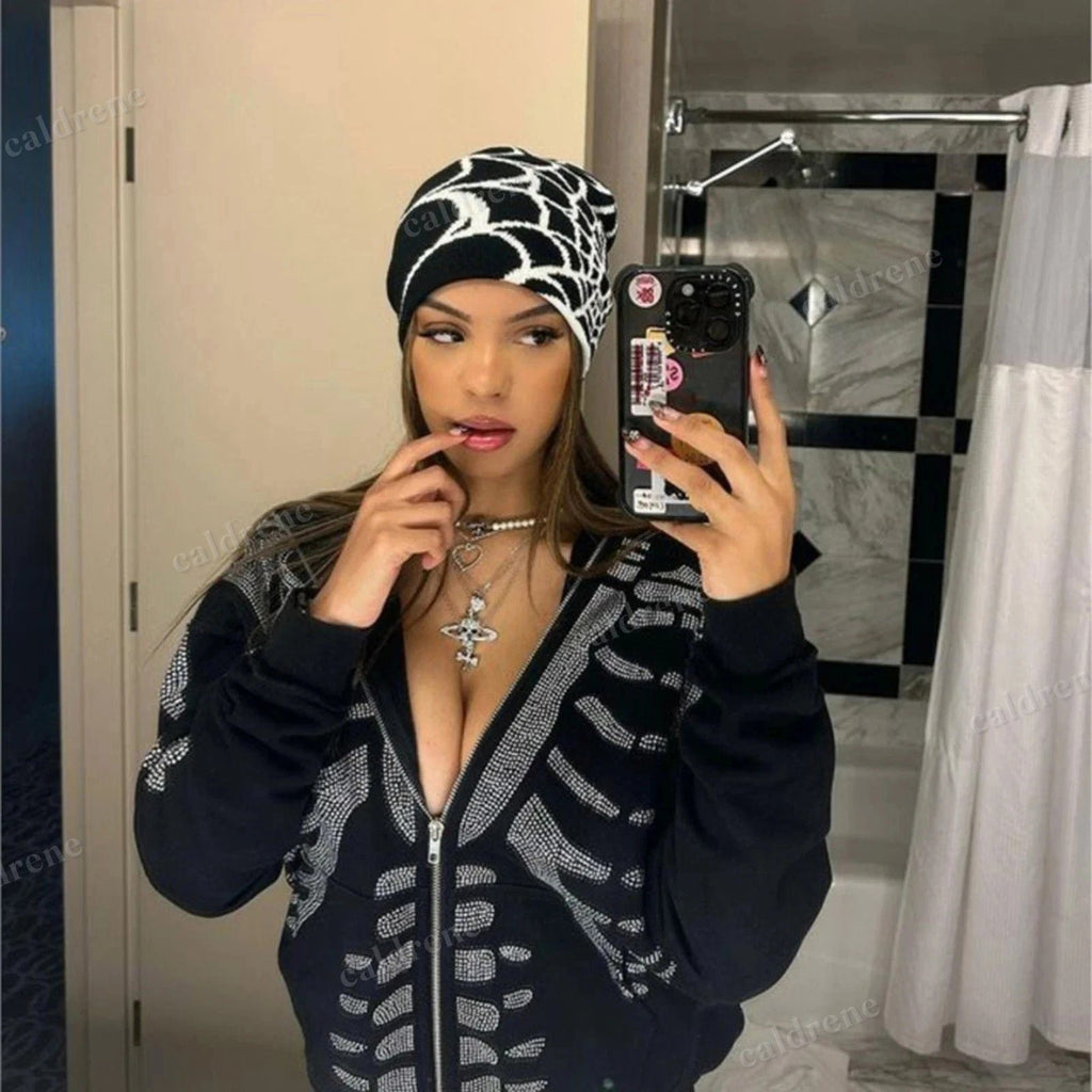 Y2K Spider Web Knit Beanie Hat for Winter Streetwear – view 4