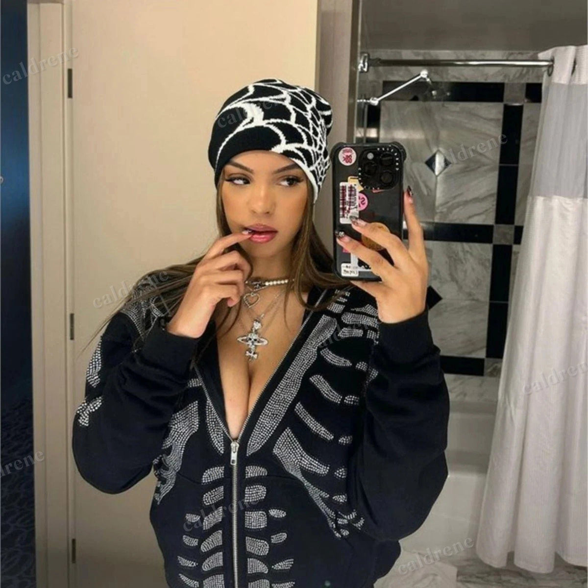 Y2K Spider Web Knit Beanie Hat for Winter Streetwear – view 4
