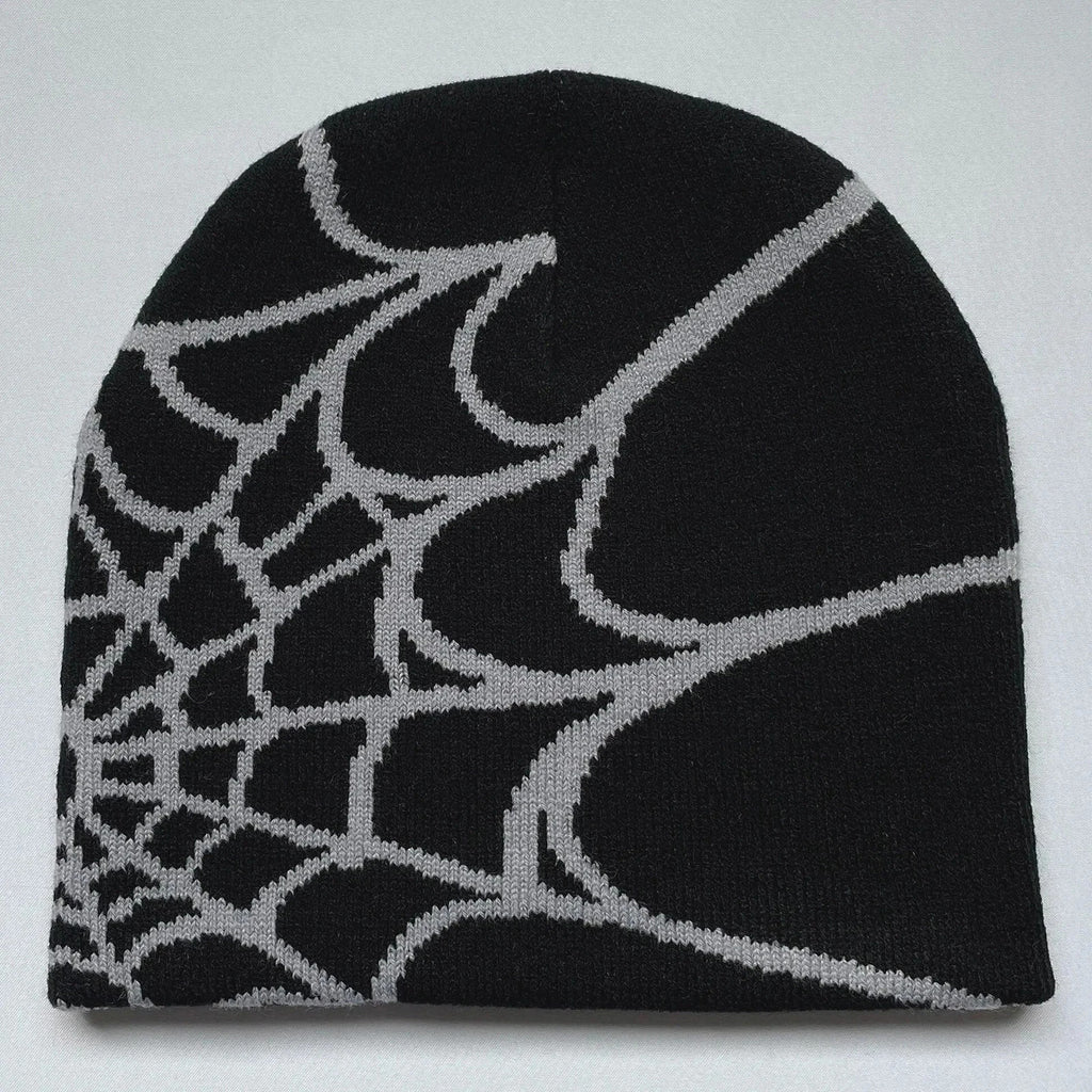 Y2K Spider Web Knit Beanie Hat for Winter Streetwear – Black Grey